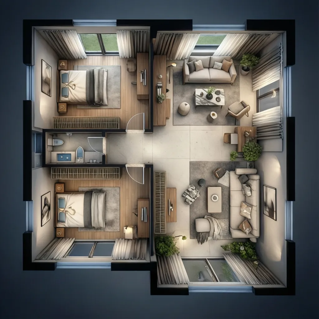 Top down room layout showing two bedrooms a living room and a kitchen with furniture