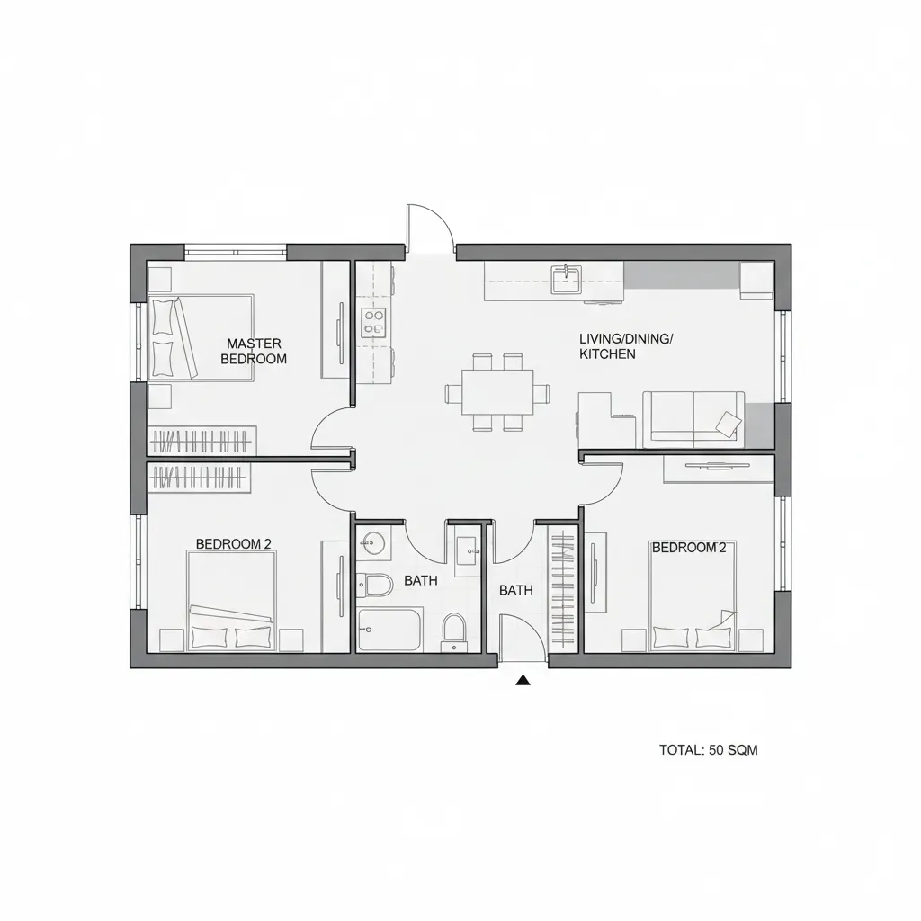 Denah rumah type 50 dengan dua kamar tidur