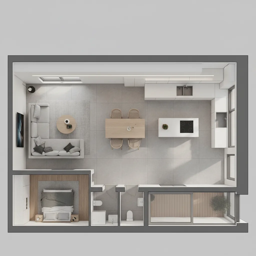 Contoh layout rumah type 60 dengan ruang tengah terbuka