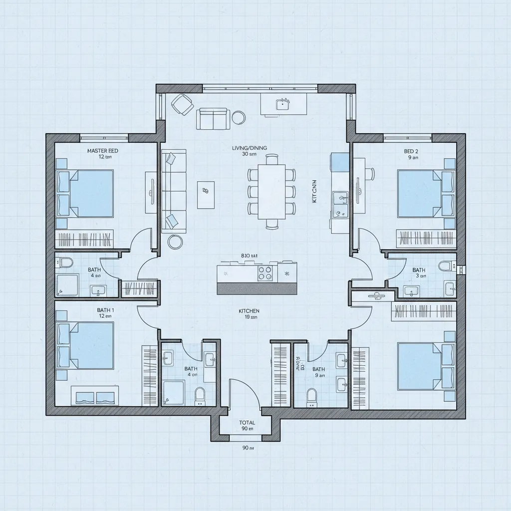 Coohom 2D floor plan drawing showing a house layout with three bedrooms and four bathrooms