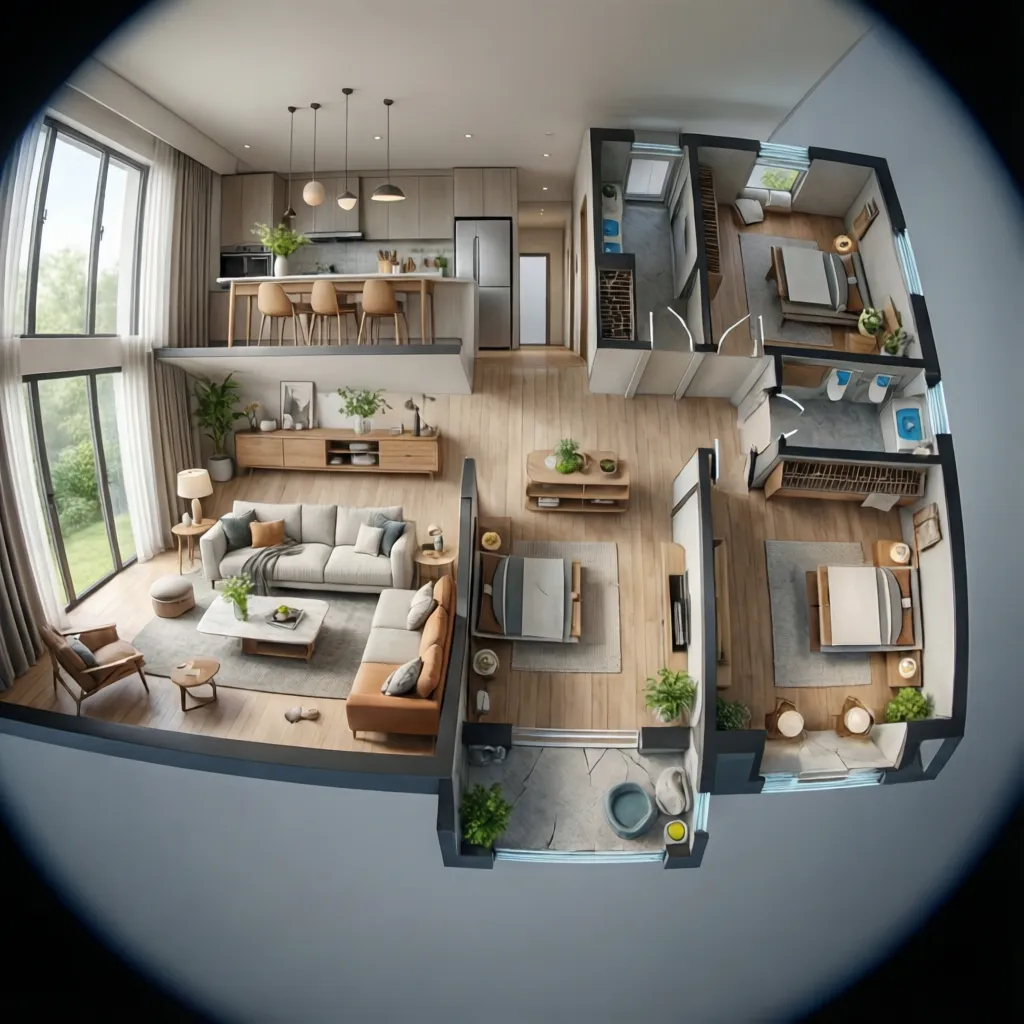 Large house interior design drawing showing living room kitchen and several bedrooms with wooden furniture