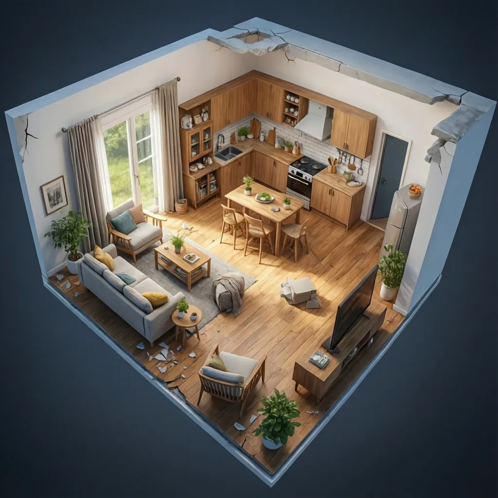 Interior design drawing showing a small apartment with open kitchen living room and wood floors