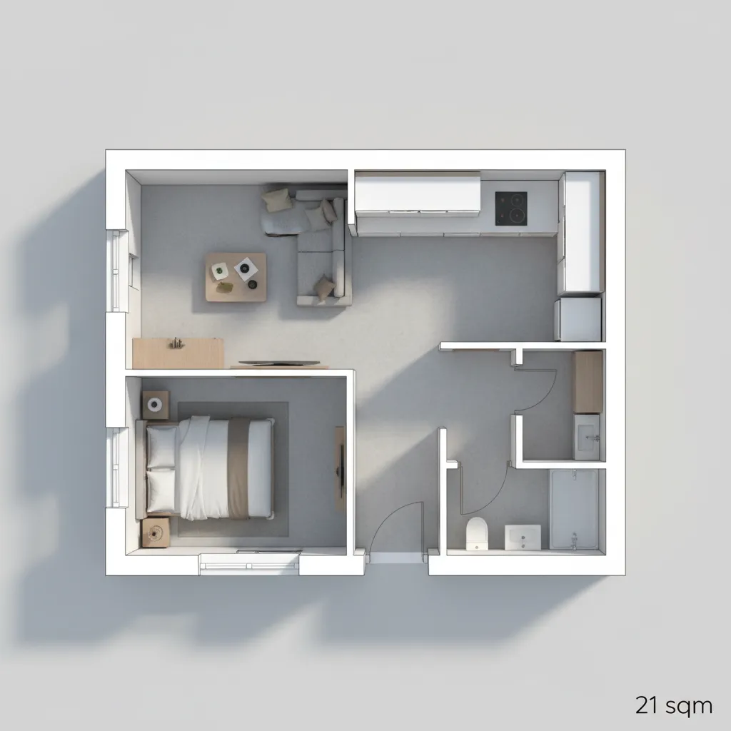 Layout dasar rumah type 21 dengan ruang tamu dan satu kamar tidur