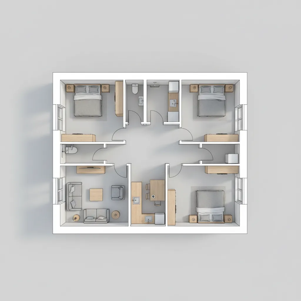 Interior design drawing of three bedroom apartment with furniture living room kitchen and white walls