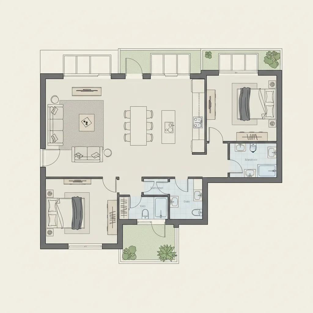 Efficient interior design drawing showing open living room, dining area, kitchen, two bedrooms, and bathrooms