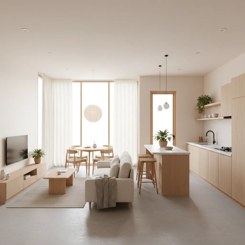 Interior rumah type 60 dengan ruang tamu dan ruang makan open space