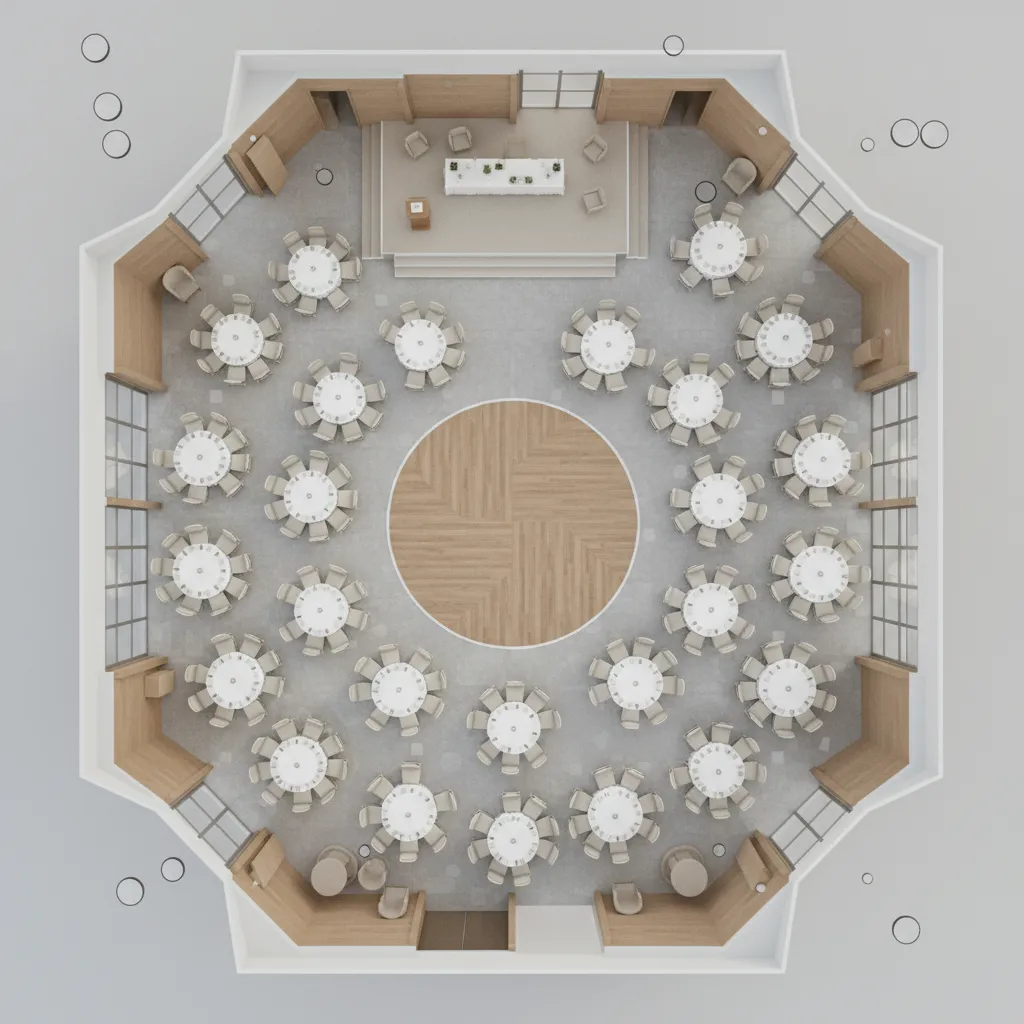 Top down interior design drawing showing event hall layout with many round tables and chairs