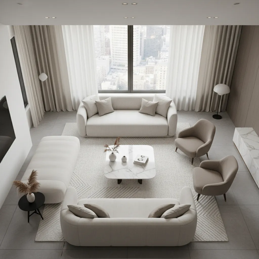 Distribución de salón moderno con muebles de lujo equilibrados