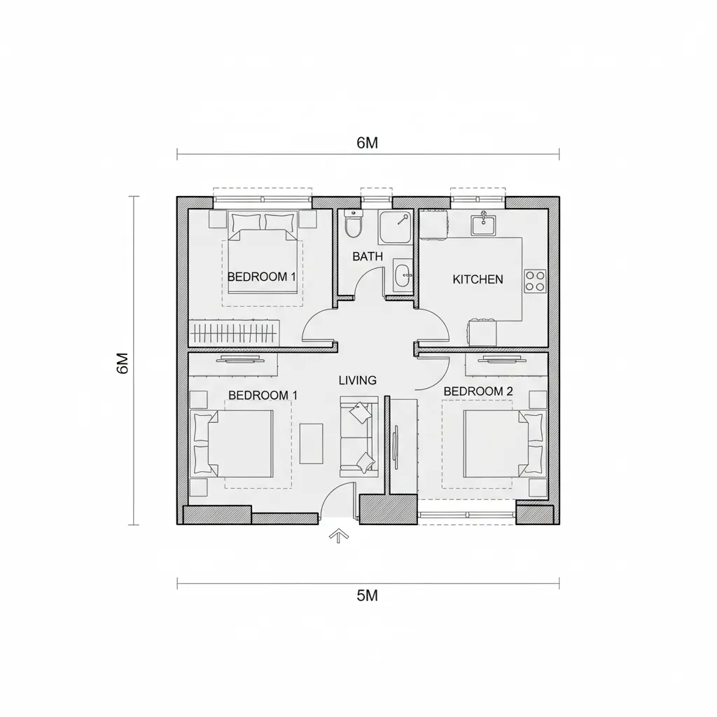 Denah standar rumah subsidi type 30 dengan dua kamar