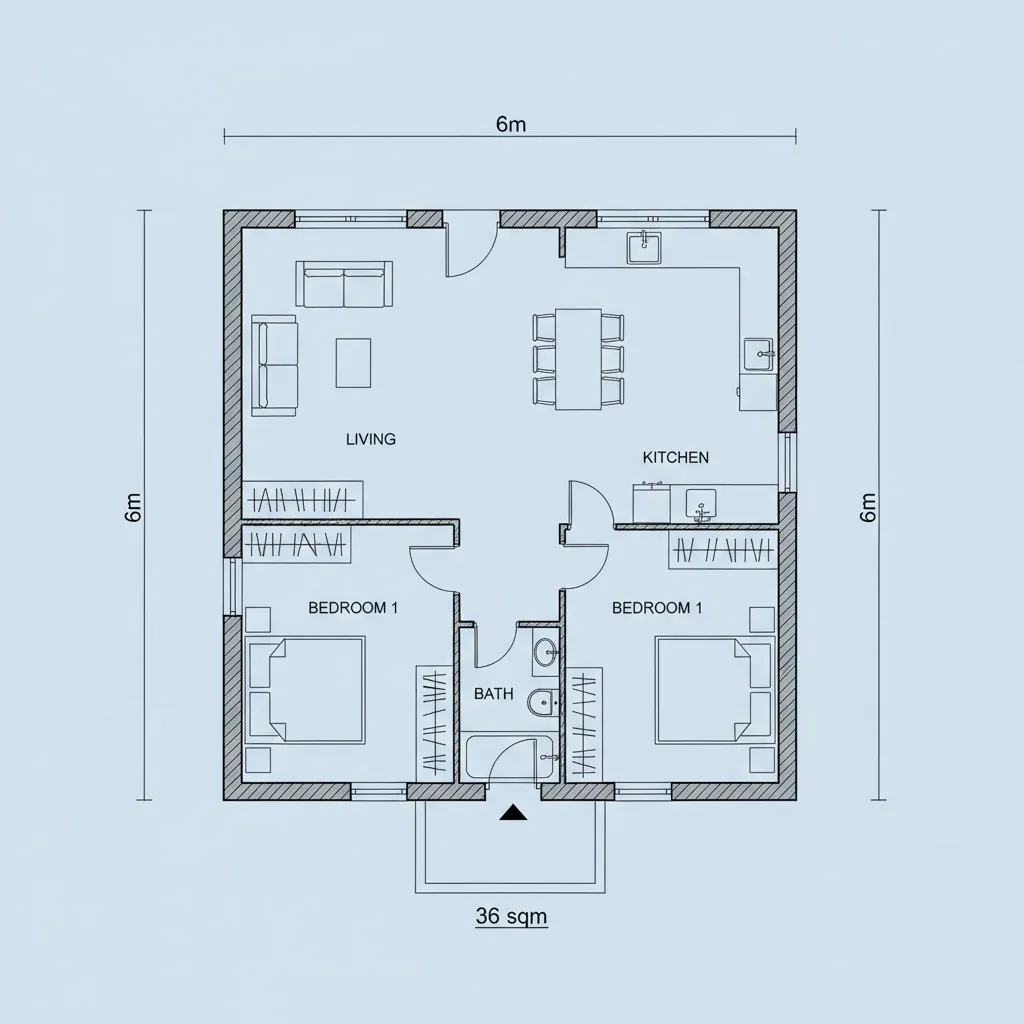 Simple 2D interior design drawing showing a small house layout with two bedrooms and kitchen