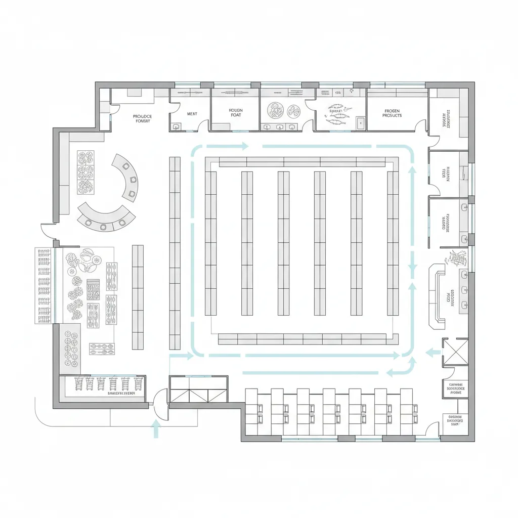 Supermarket interior design drawing showing room layout with blue arrows indicating the path of traffic
