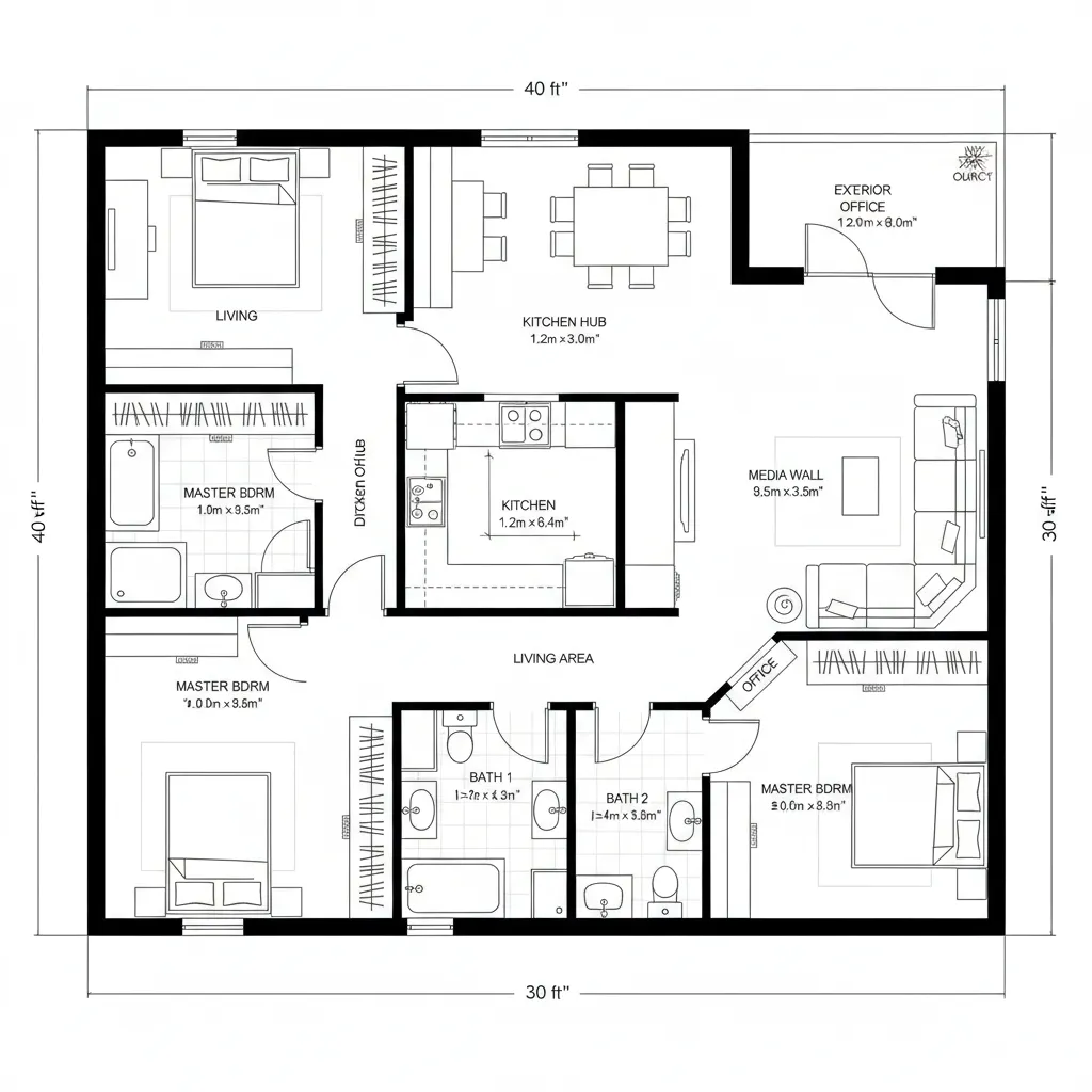 Top-down 2D CAD plan with pocket office spine and shared wet-wall baths