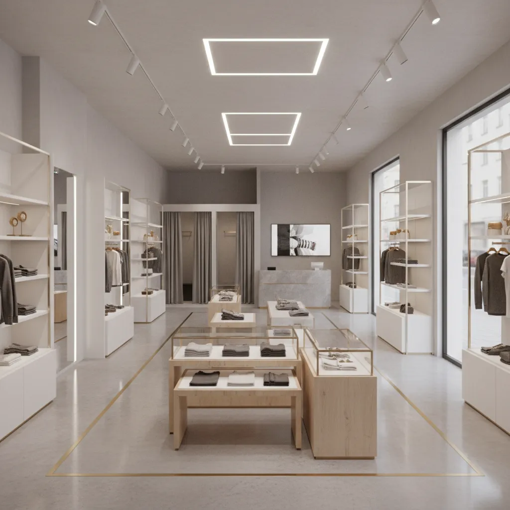 Vista 3D de la distribución interior de una tienda con estanterías y pasillos amplios