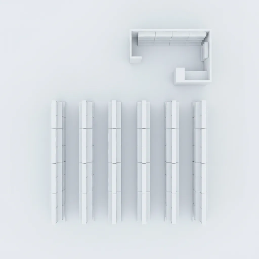 Modelo 3D de distribución interior de una tienda con estanterías y pasillos