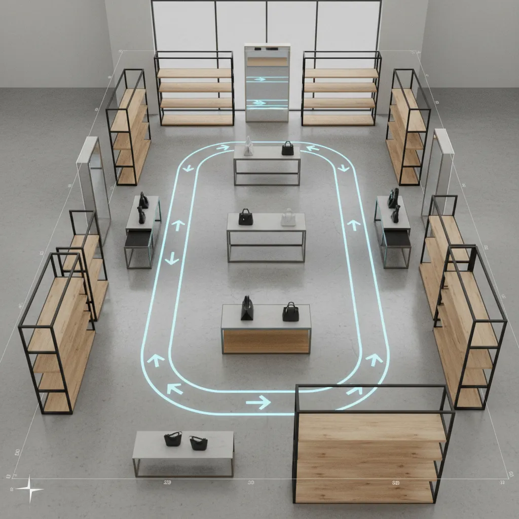 Plano 3D de una tienda con estanterías y recorrido de clientes