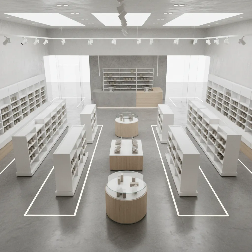 Plano 3D de distribución de una tienda con estanterías y recorrido del cliente