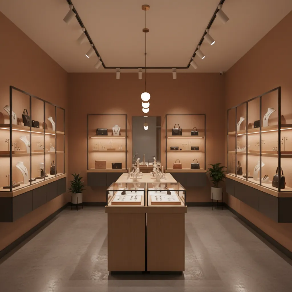 Modern accessory store interior with pink walls glass display cases center table and ceiling lights