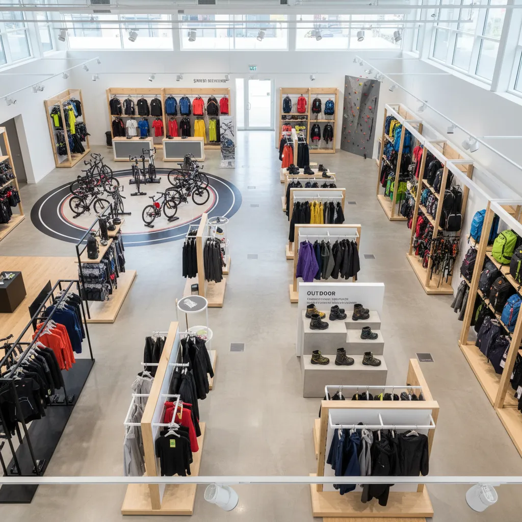 Vista general del layout de una tienda deportiva moderna
