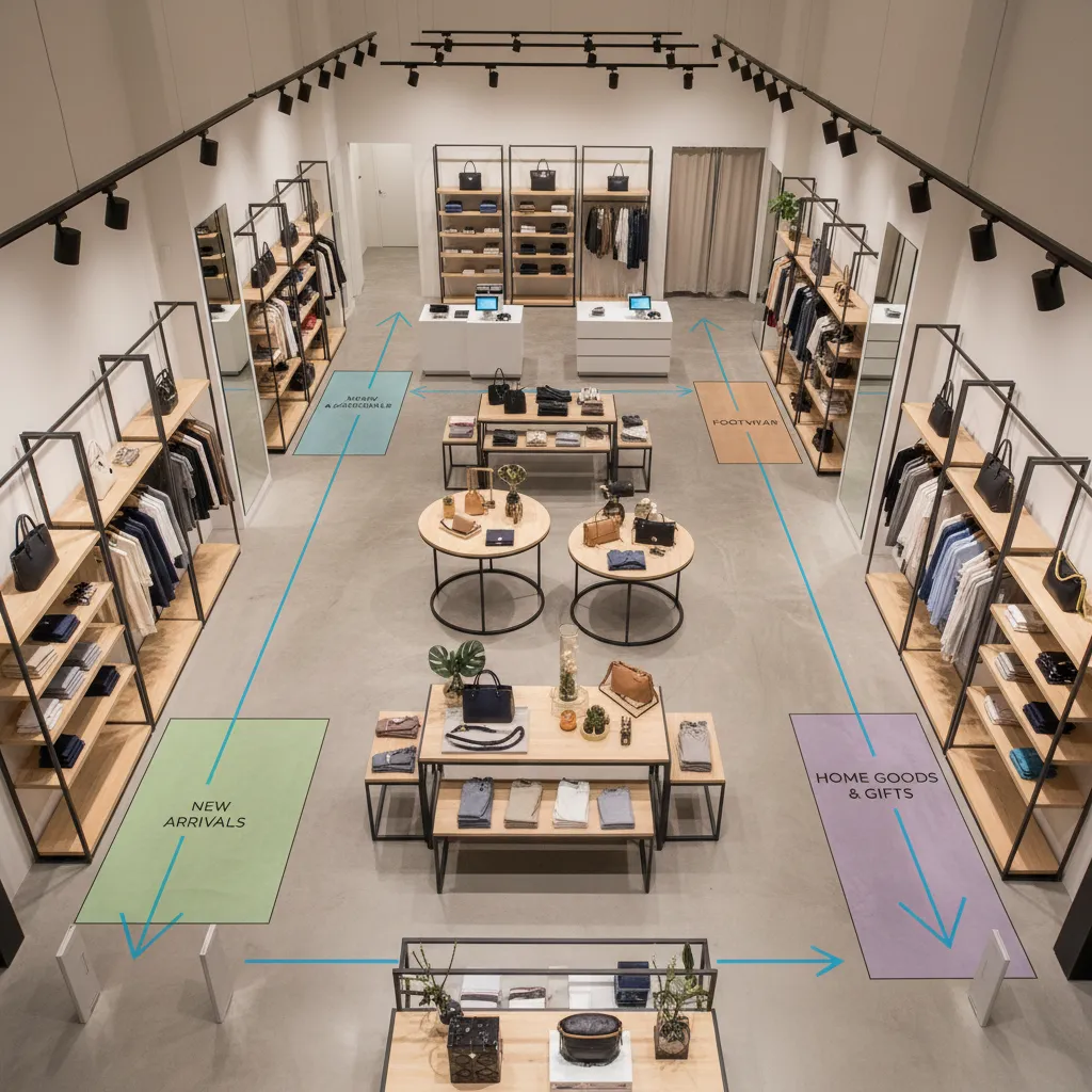 Plano conceptual mostrando recorrido de clientes dentro de una tienda