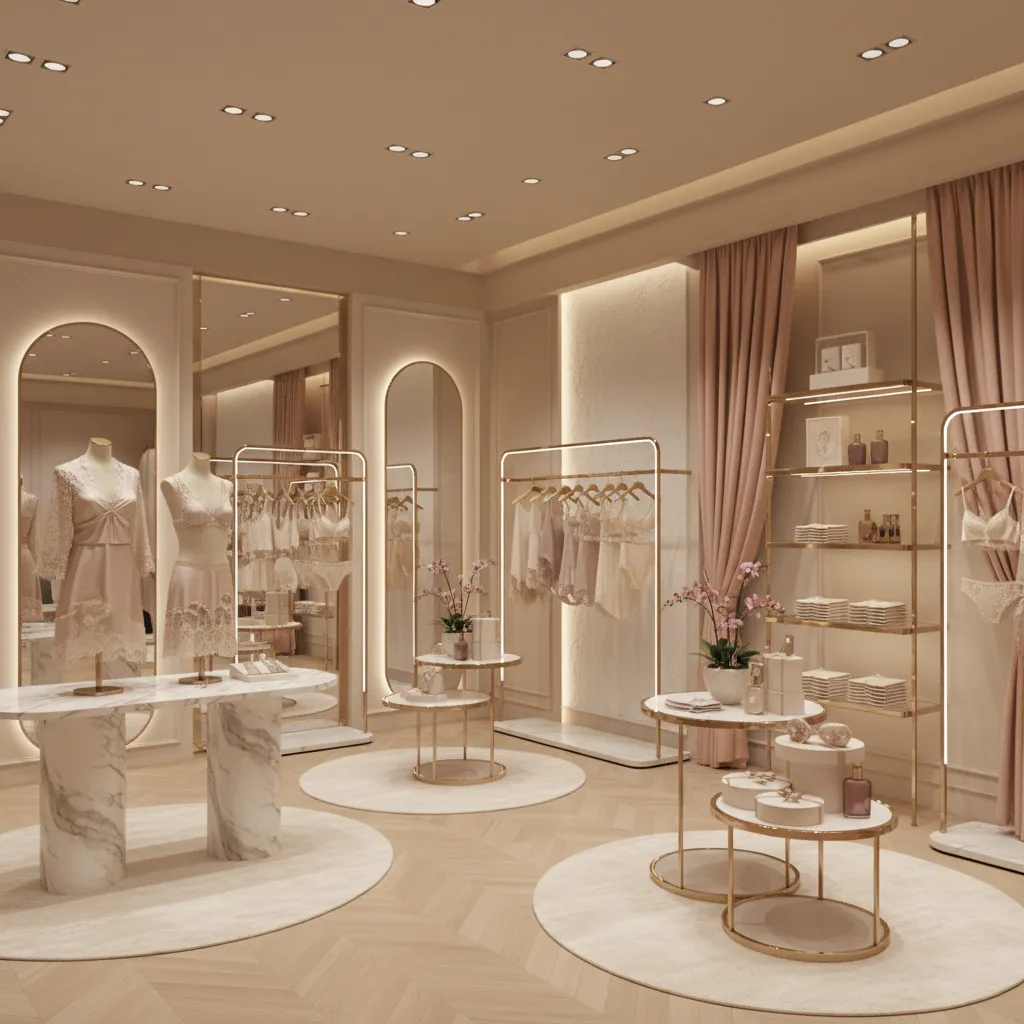 Distribución interior de una boutique de lencería con diferentes zonas de producto
