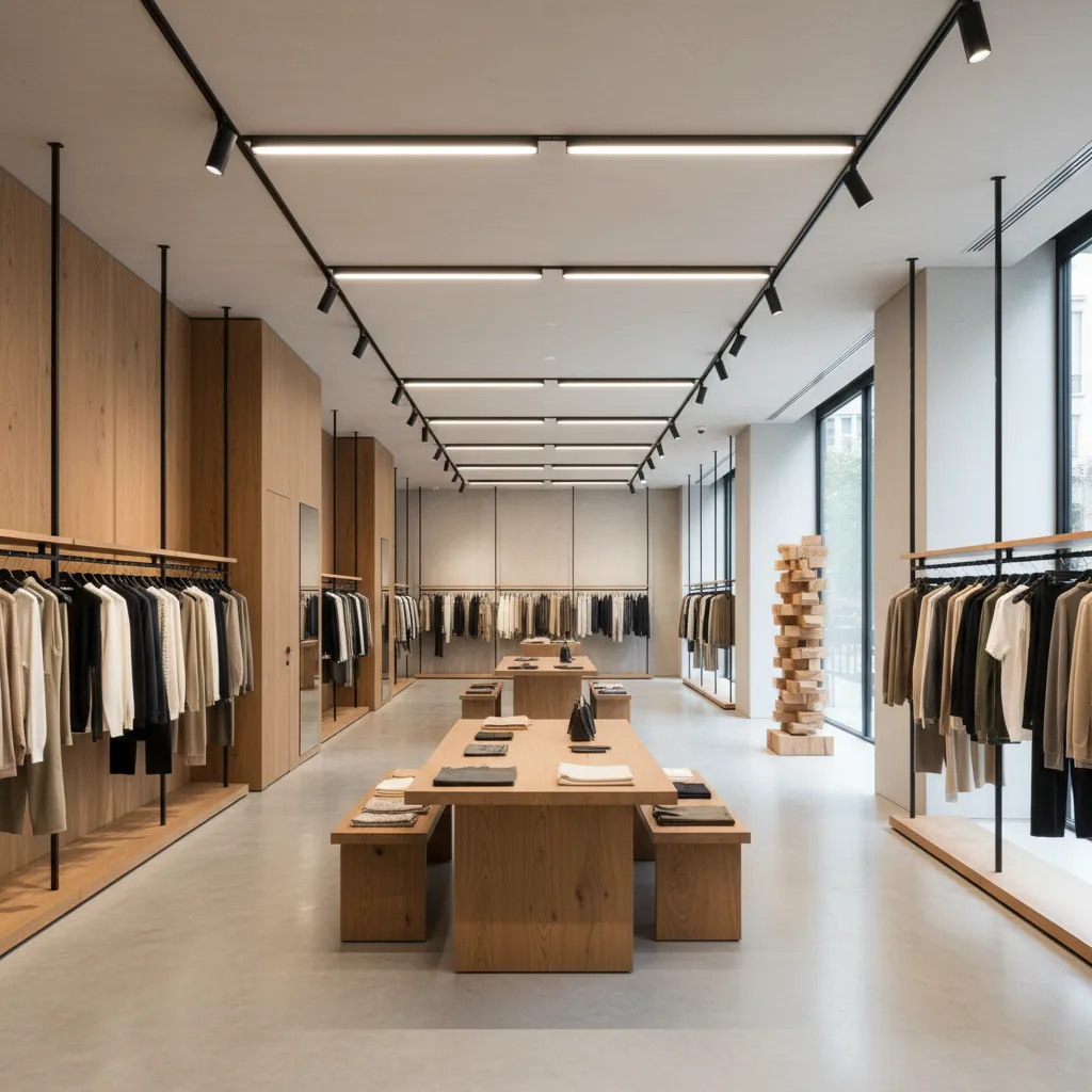 Vista general de una tienda de ropa con layout abierto y mobiliario bajo