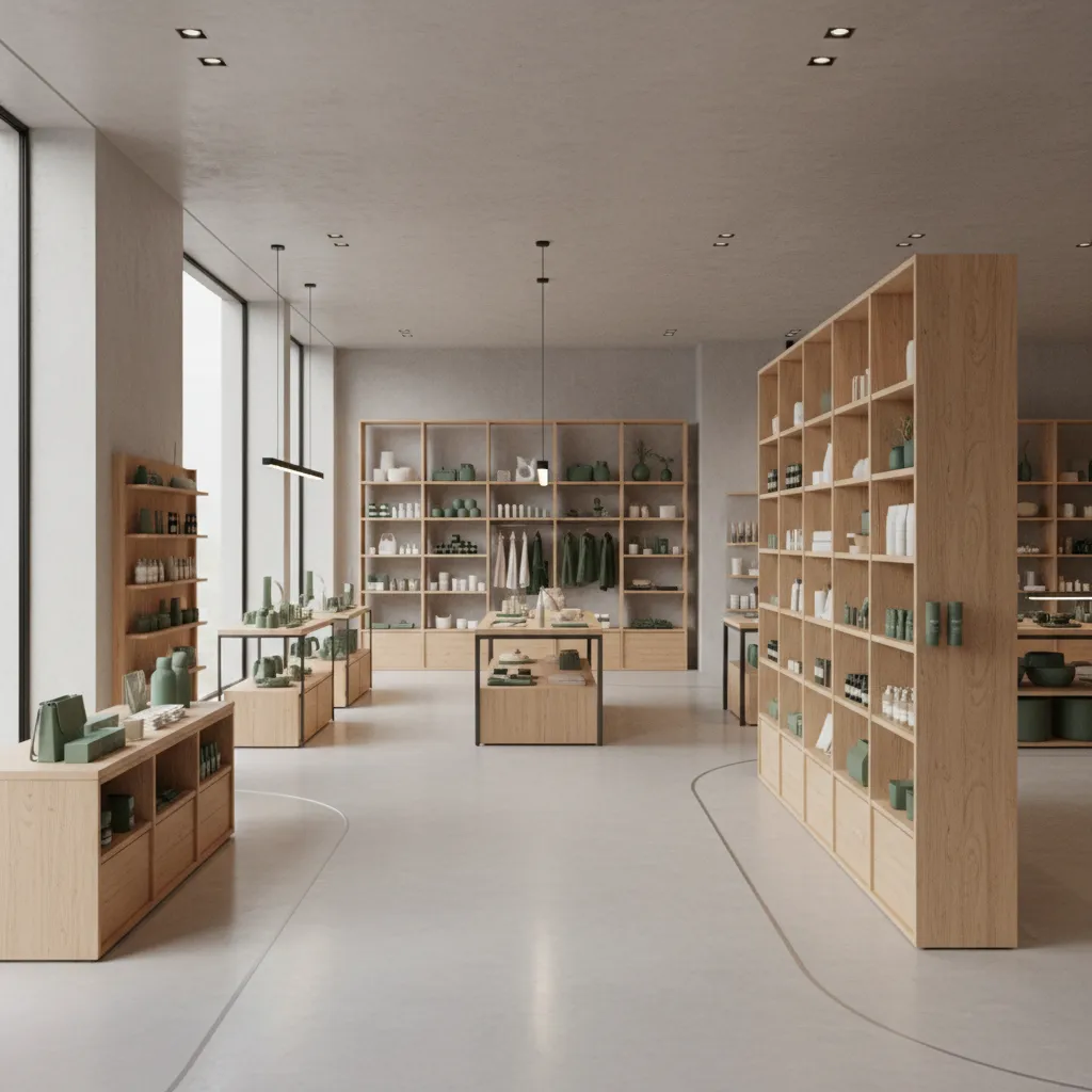Distribución interior de una tienda moderna con zonas de producto claramente definidas
