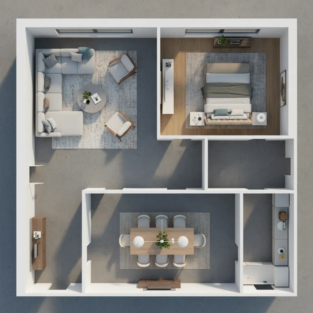 Plano 3D de distribución de una tienda de muebles
