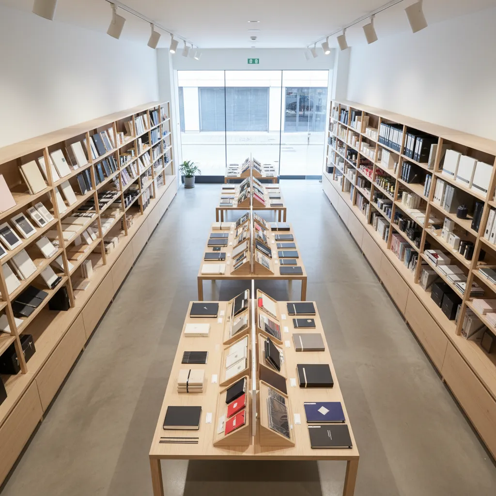 Modern stationery store with wooden display tables, wall shelves, notebooks, white walls, and bright spotlights