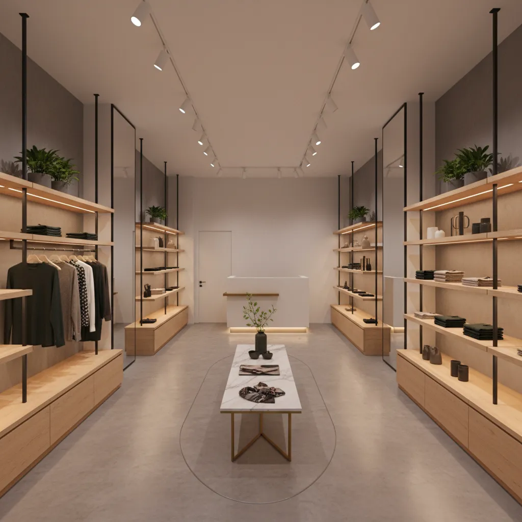 distribución interior de una tienda pequeña con recorrido claro para clientes