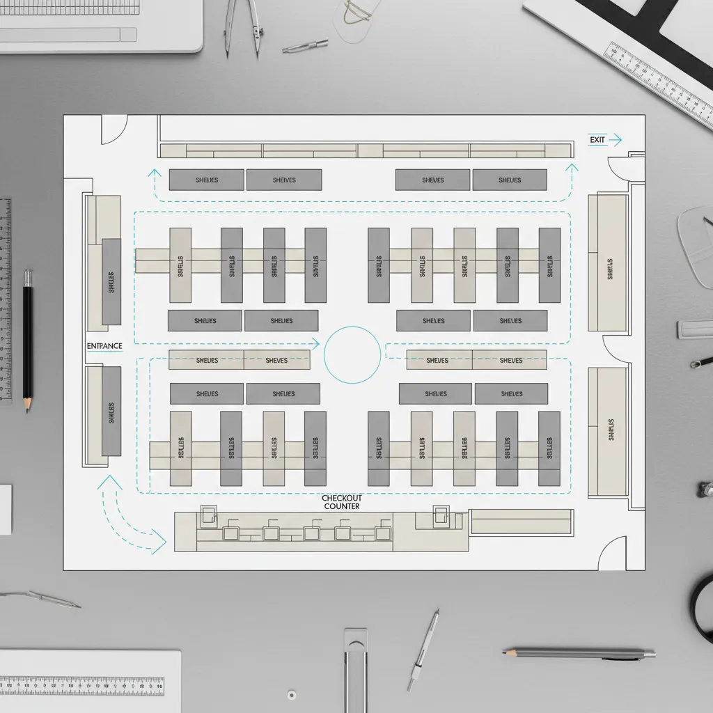 Plano de distribución de una tienda con estanterías y recorrido del cliente