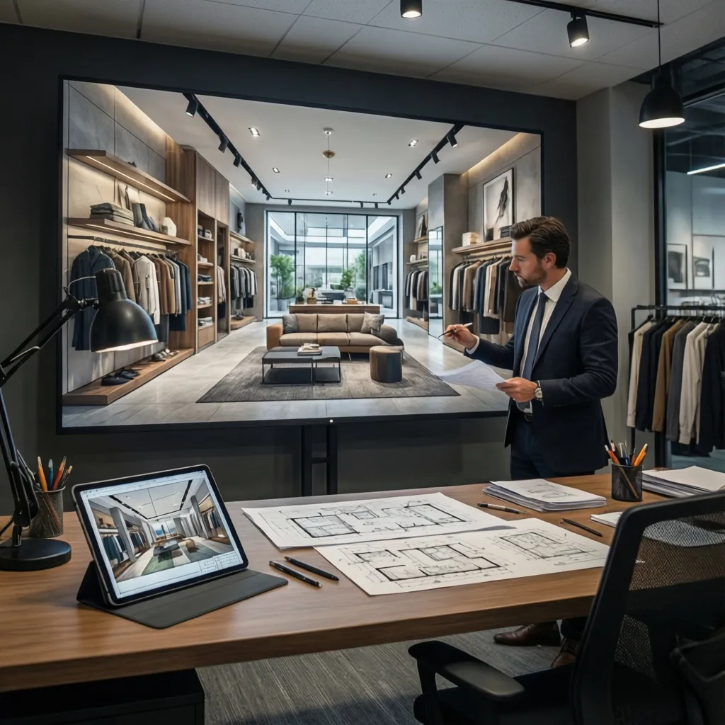 Diseñador analizando el layout de una tienda en plano digital