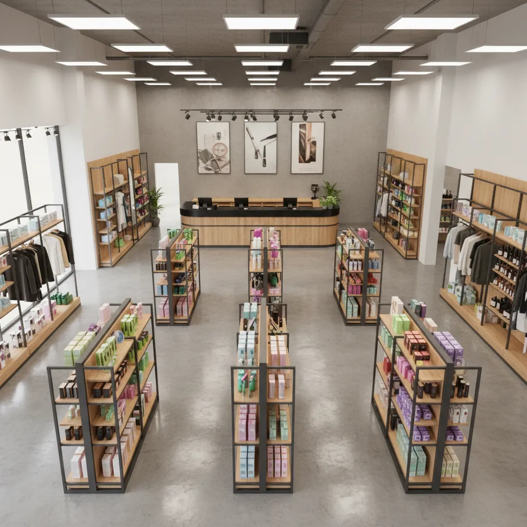 Plano 3D de una tienda con estanterías y zonas de circulación marcadas