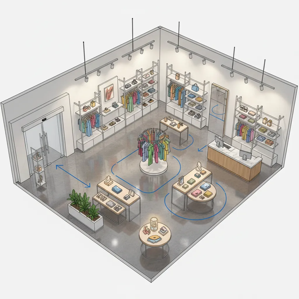 Interior design drawing of clothing store layout with display racks, clothing, and blue path arrows