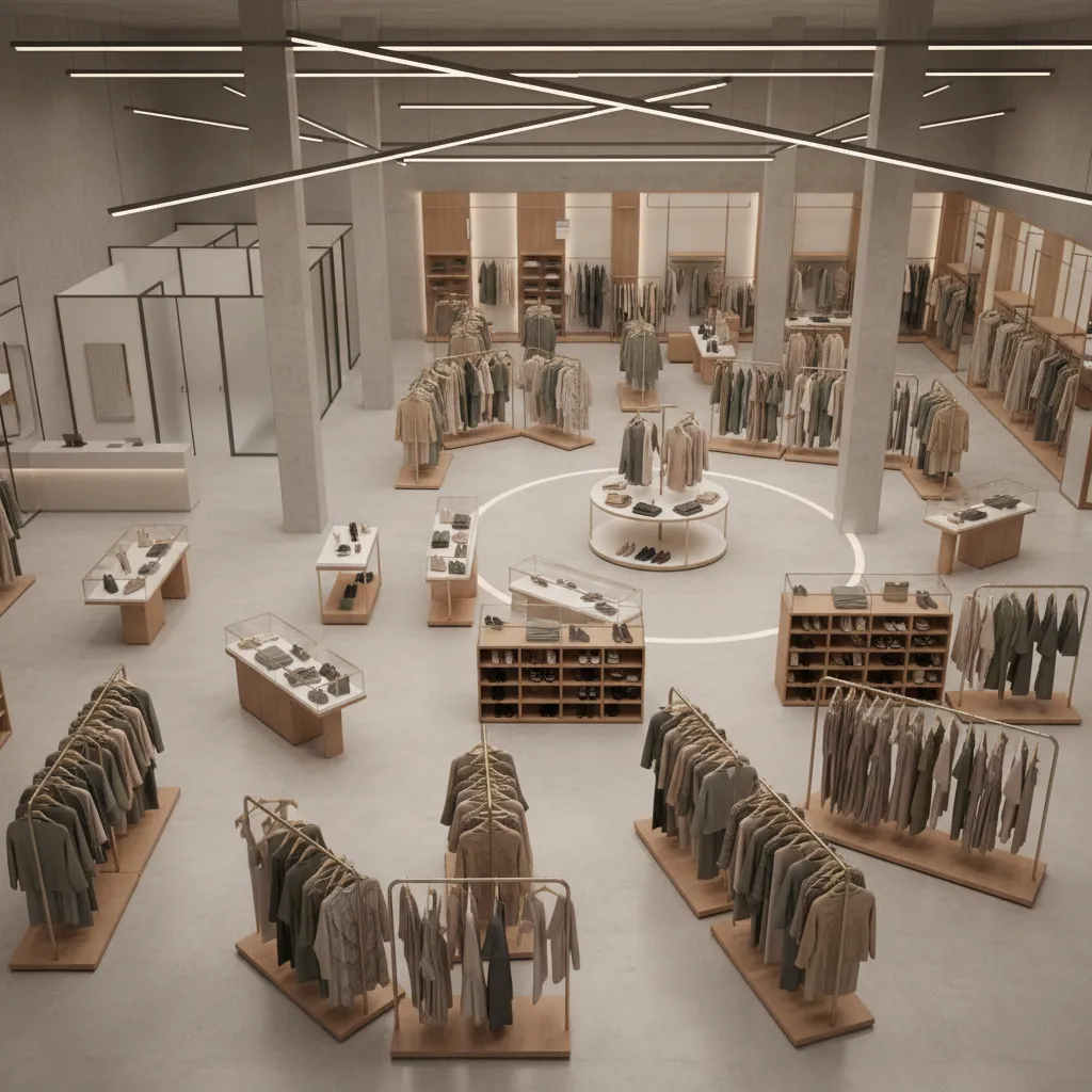 Plano de distribución interior de una tienda de ropa con zonas de exhibición