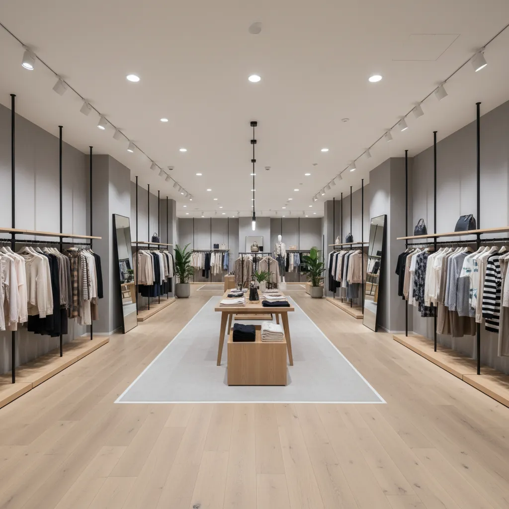 Vista general de una tienda de ropa con distribución clara y recorrido amplio