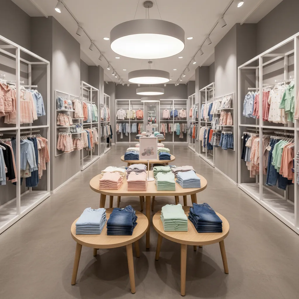 Vista interior de una tienda infantil con layout organizado y zonas de exhibición