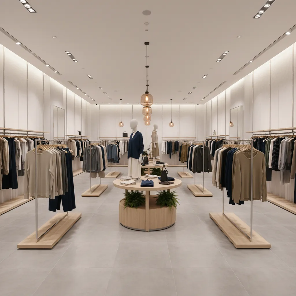 Distribución interior de una tienda de ropa con recorrido claro para clientes