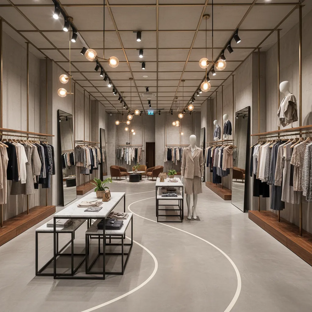 Diseño interior de tienda de ropa con recorrido claro para clientes