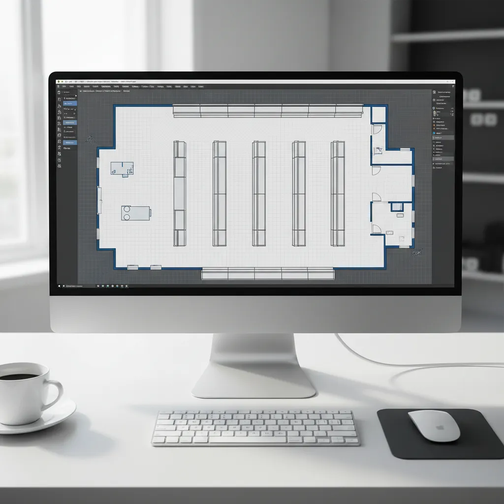 Computer screen showing retail store floor plan layout design on white desk with keyboard and coffee