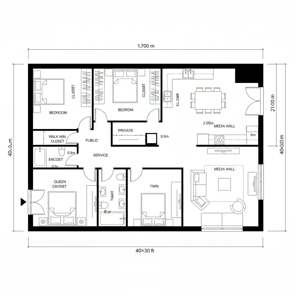 2D CAD plan of corner-suite layout with dual-aspect living room