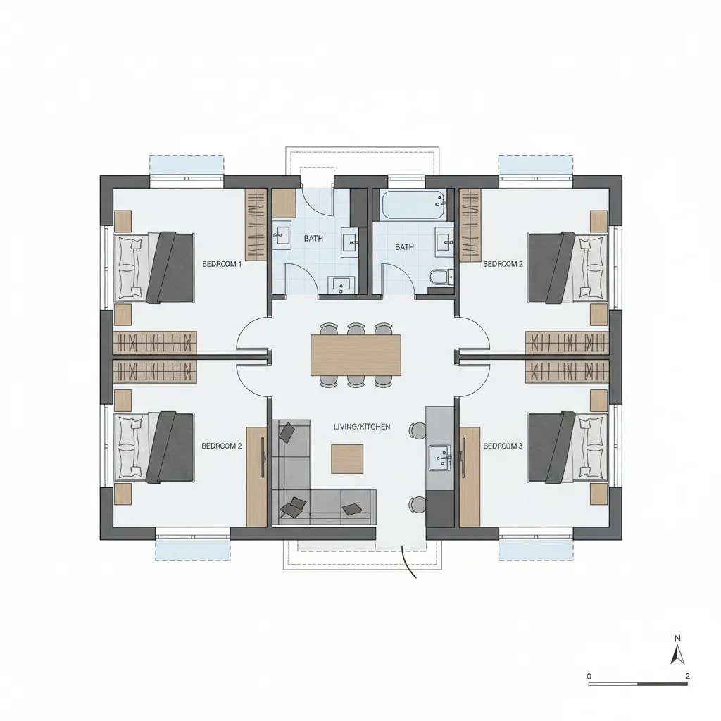 Detailed 2D floor plan showing four bedrooms two bathrooms and a central dining and kitchen