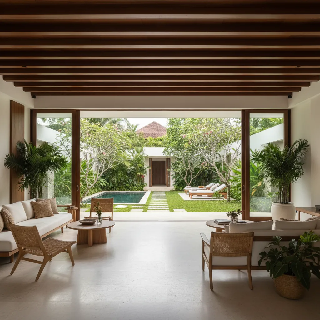 Modern living room with wooden ceiling opening to tropical garden with plants and swimming pool