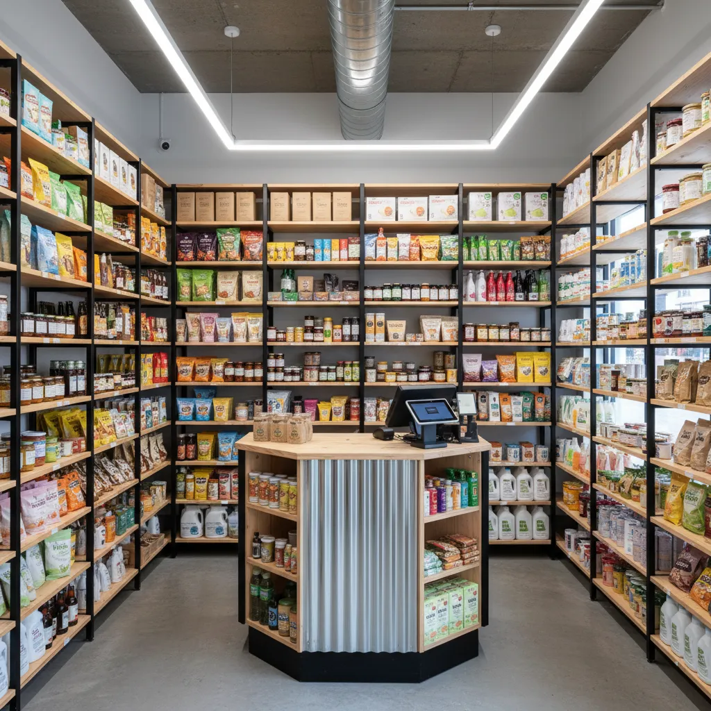 Interior warung kecil dengan rak dinding tinggi dan area jual terbuka