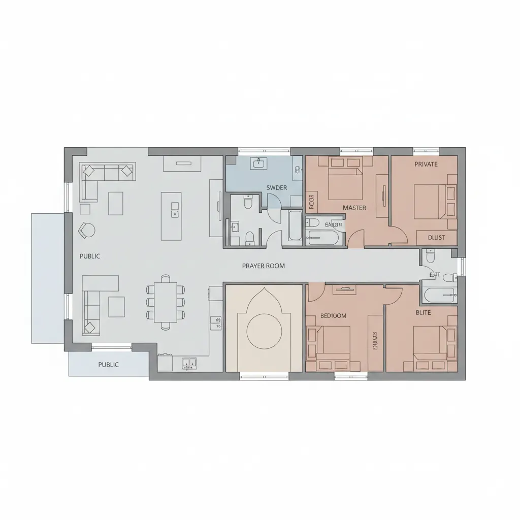 Detailed 2D floor plan layout showing public living area prayer room and private bedroom zones