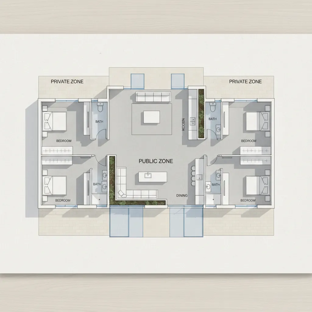 Room layout drawing showing four bedrooms in private zones and living area in public zone