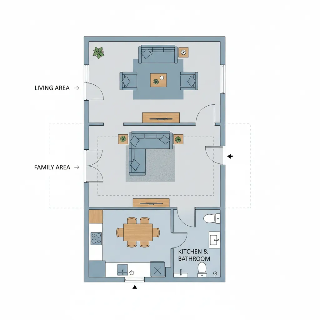 Floor plan showing living area family area kitchen dining table and a small bathroom layout