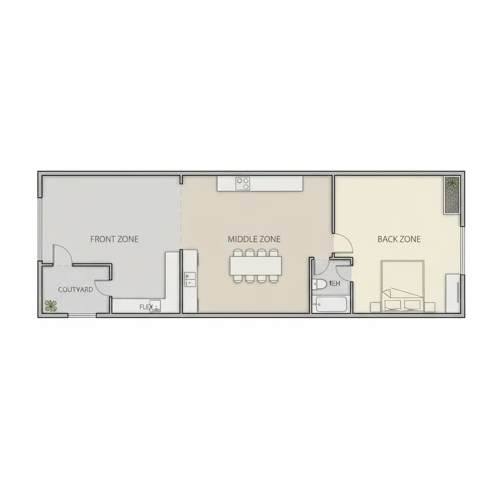 Interior design drawing showing long house layout with front zone middle zone and back zone