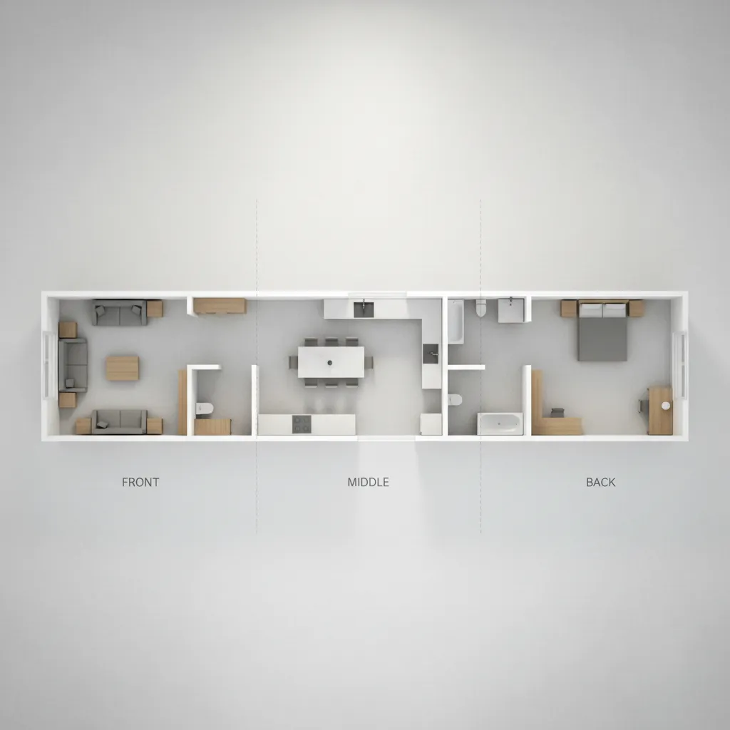 Long narrow room layout drawing showing front middle and back sections with furniture and rooms