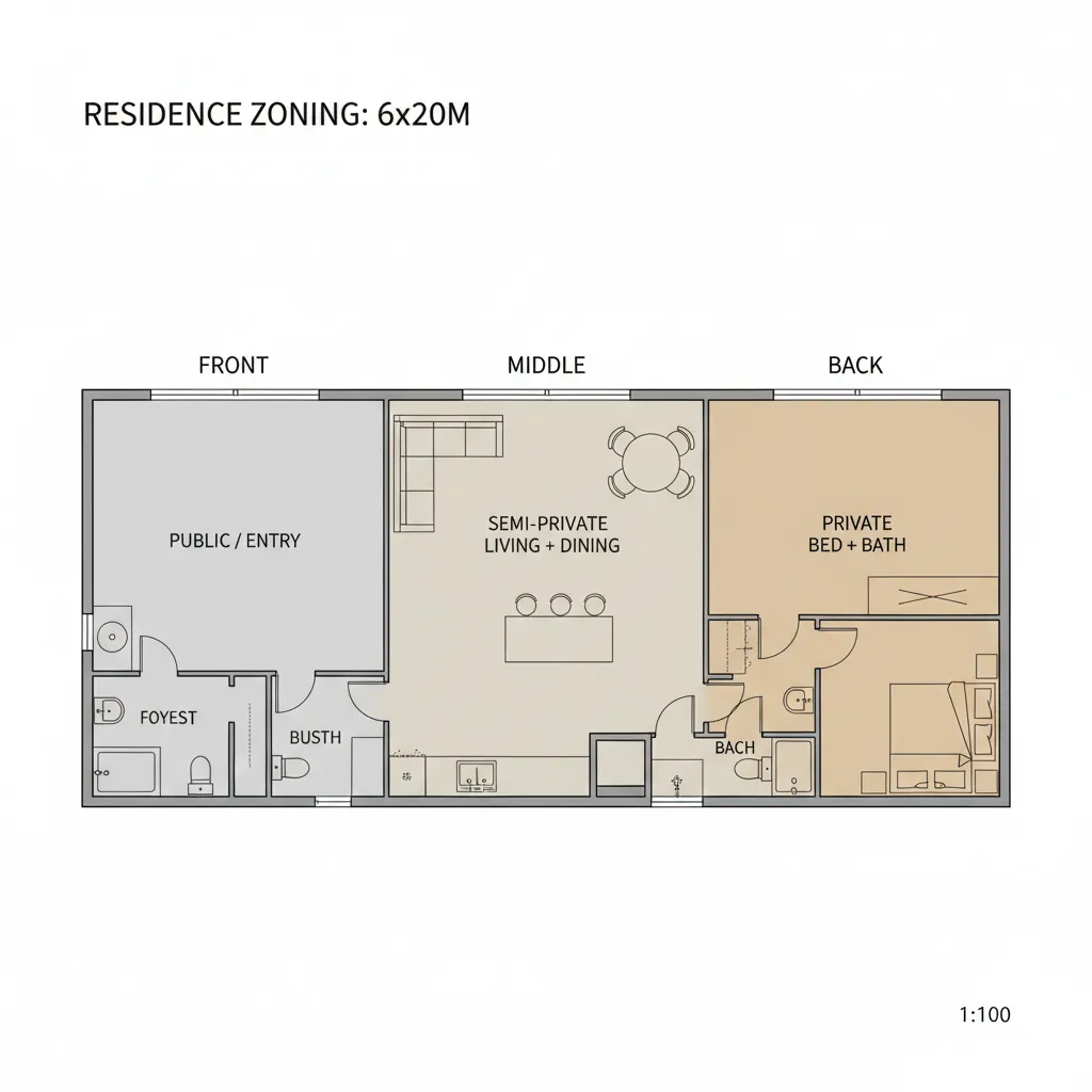 Diagram pembagian zona rumah memanjang 6x20
