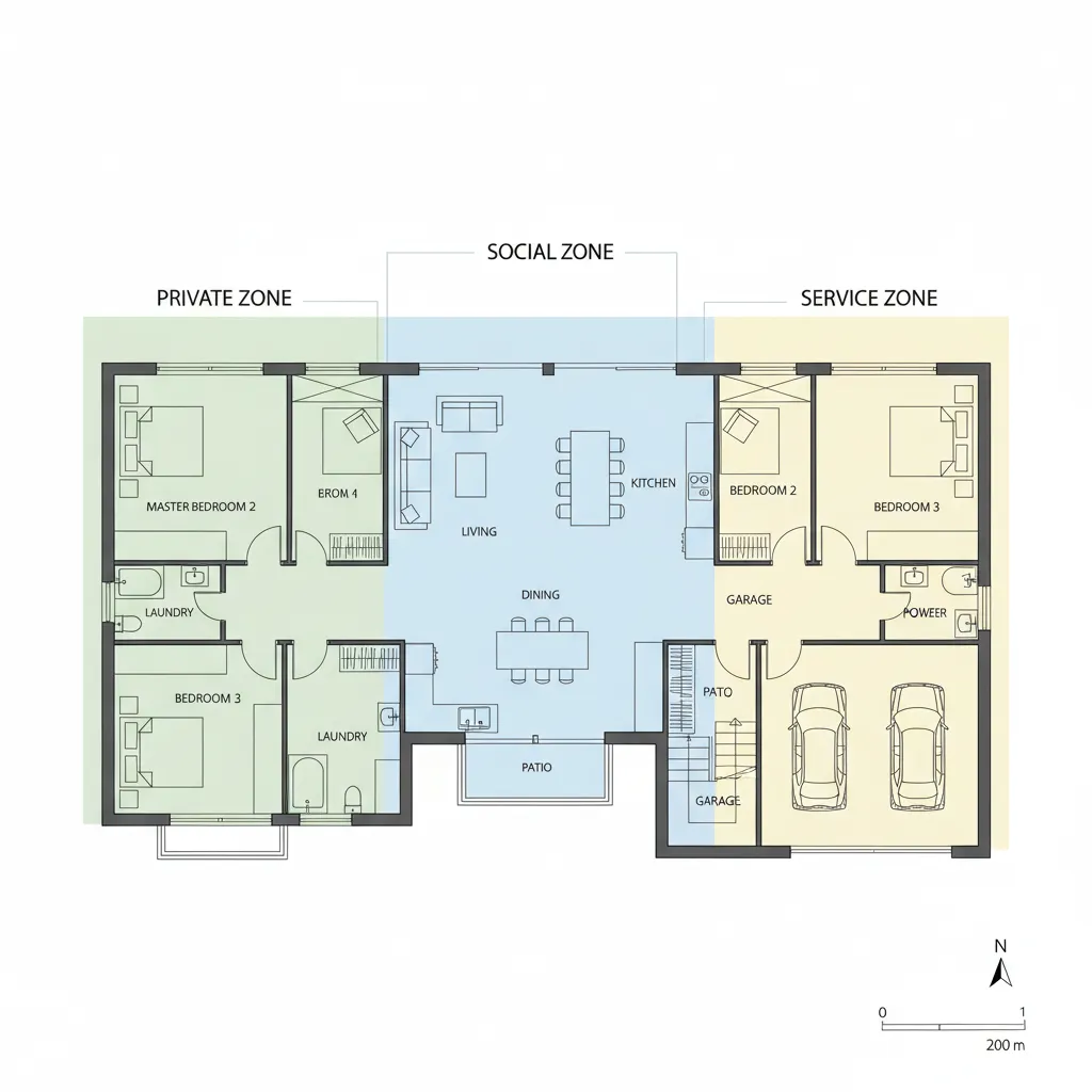 diagrama simples mostrando zonas social íntima e serviço em planta de casa